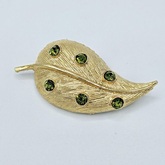 Autumn Leaf Brooch Green Jeweled Fall Foliage Gold Tone Estate Jewelry Pin - Picture 6 of 9